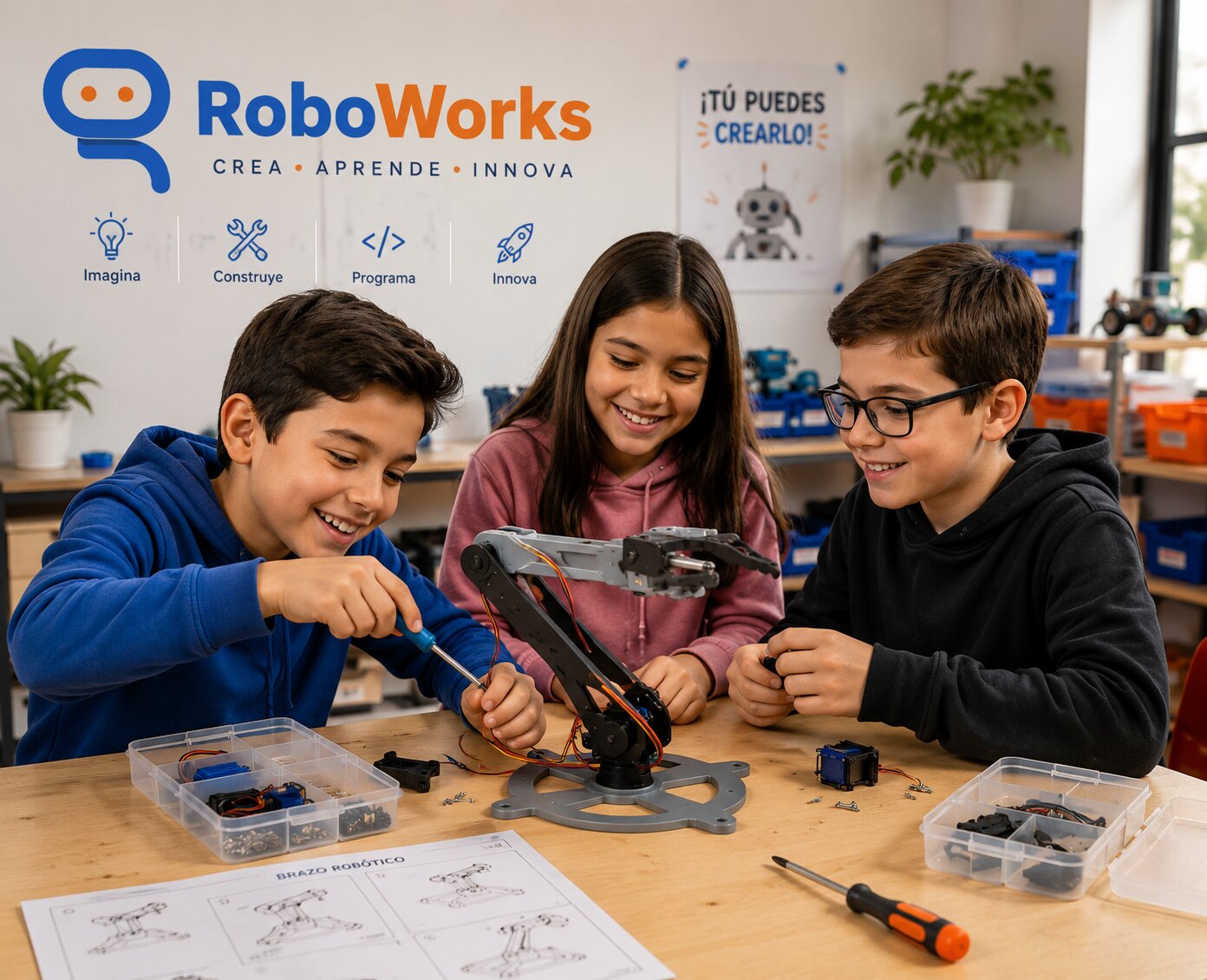 Niños de RoboWorks Ambato construyendo un brazo robótico con Arduino y servomotores